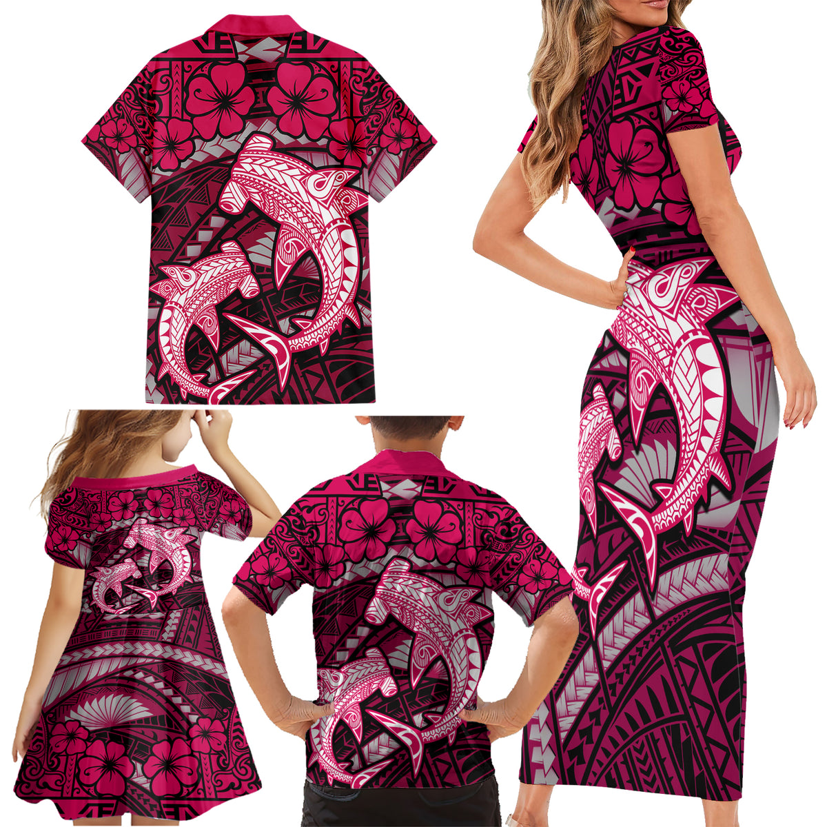 Polynesian Shark Valentine Day Family Matching Short Sleeve Bodycon Dress and Hawaiian Shirt Hibiscus and Tribal Tattoo Pink Style LT03 - Polynesian Pride