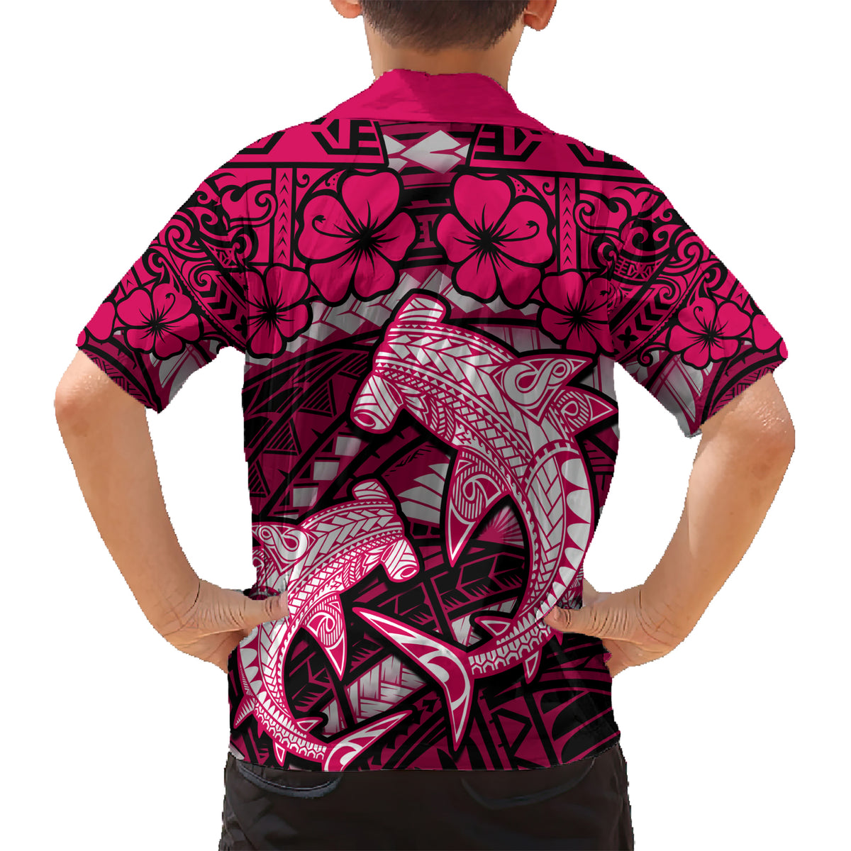 Polynesian Shark Valentine Day Kid Hawaiian Shirt Hibiscus and Tribal Tattoo Pink Style LT03 - Polynesian Pride