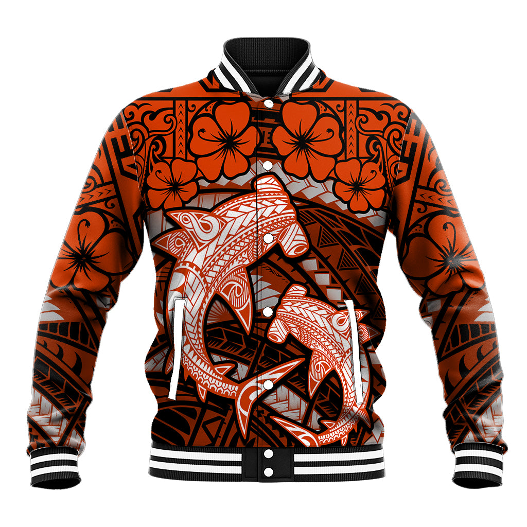 Polynesian Shark Valentine Day Baseball Jacket Hibiscus and Tribal Tattoo Orange Style LT03 Unisex Orange - Polynesian Pride