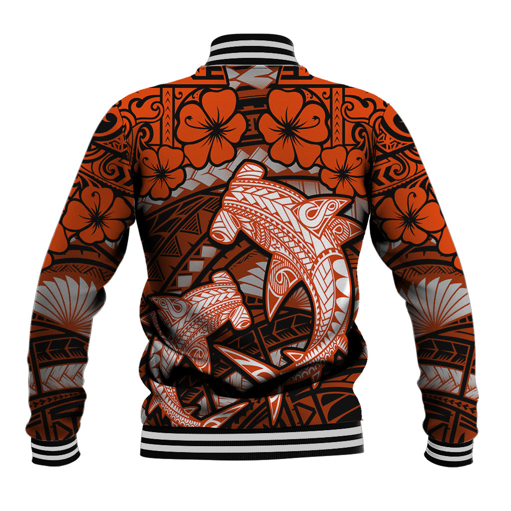 Polynesian Shark Valentine Day Baseball Jacket Hibiscus and Tribal Tattoo Orange Style LT03 - Polynesian Pride