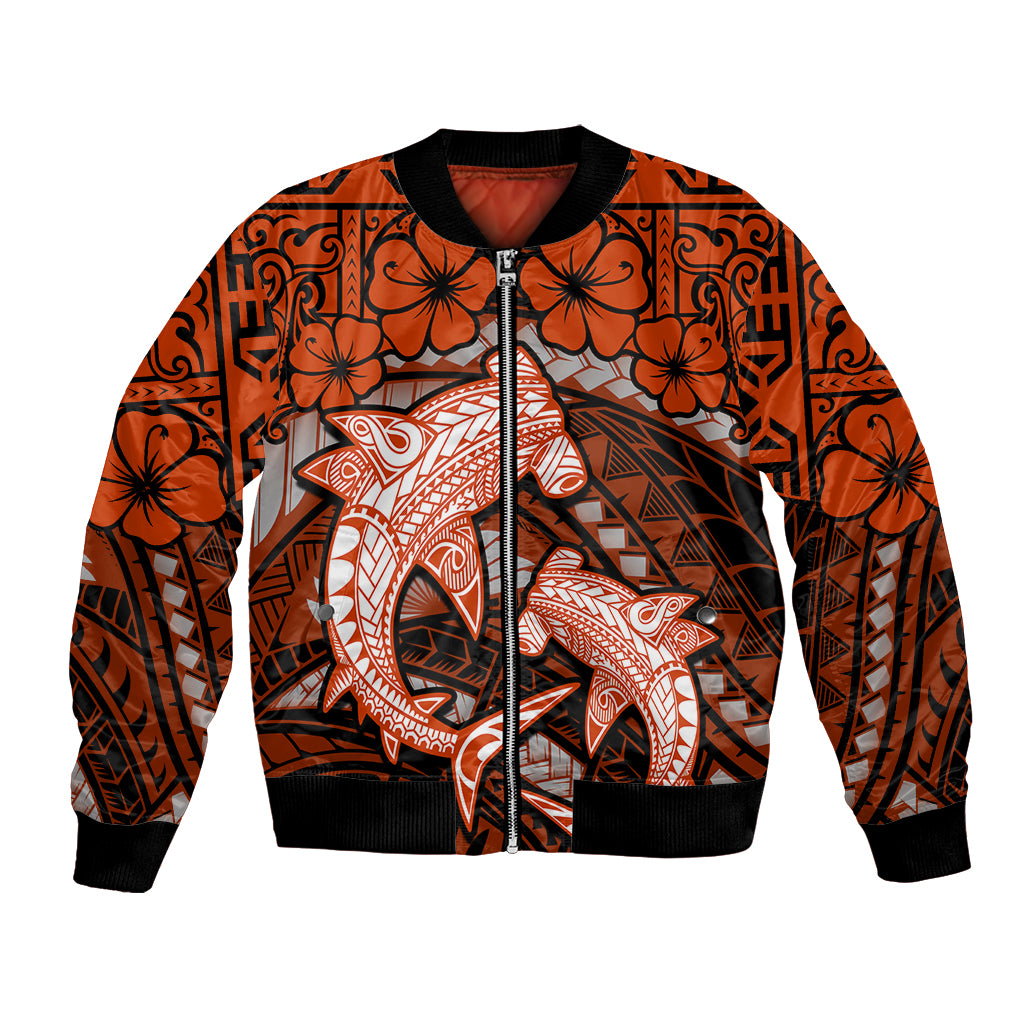 Polynesian Shark Valentine Day Bomber Jacket Hibiscus and Tribal Tattoo Orange Style LT03 Unisex Orange - Polynesian Pride