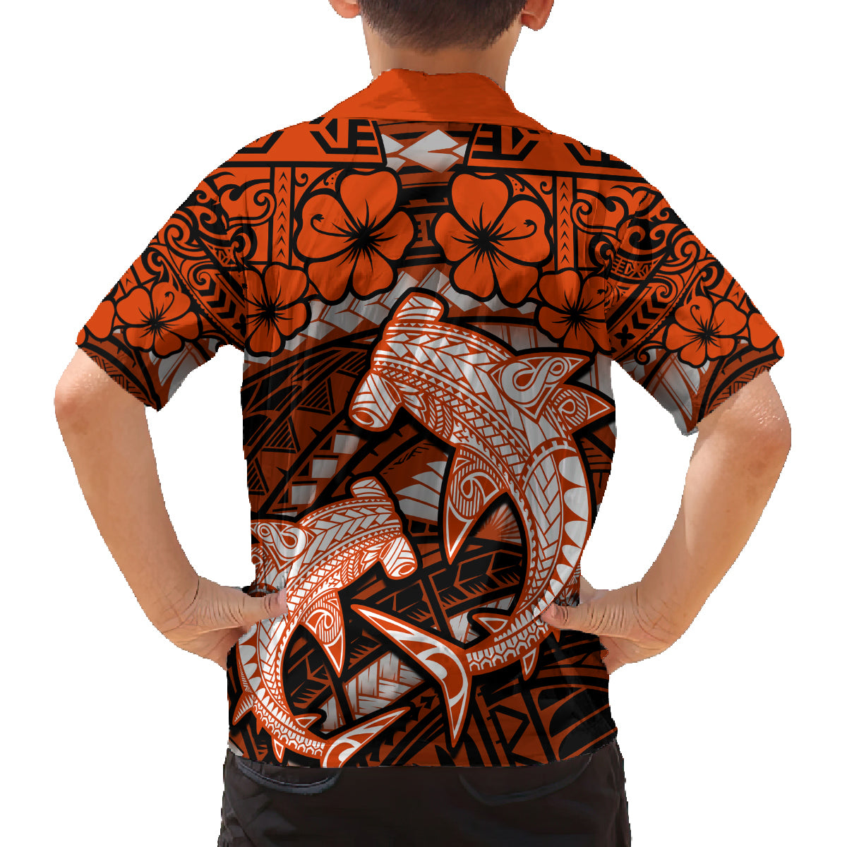 Polynesian Shark Valentine Day Family Matching Long Sleeve Bodycon Dress and Hawaiian Shirt Hibiscus and Tribal Tattoo Orange Style LT03 - Polynesian Pride