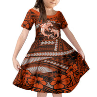 Polynesian Shark Valentine Day Family Matching Summer Maxi Dress and Hawaiian Shirt Hibiscus and Tribal Tattoo Orange Style LT03 Daughter's Dress Orange - Polynesian Pride