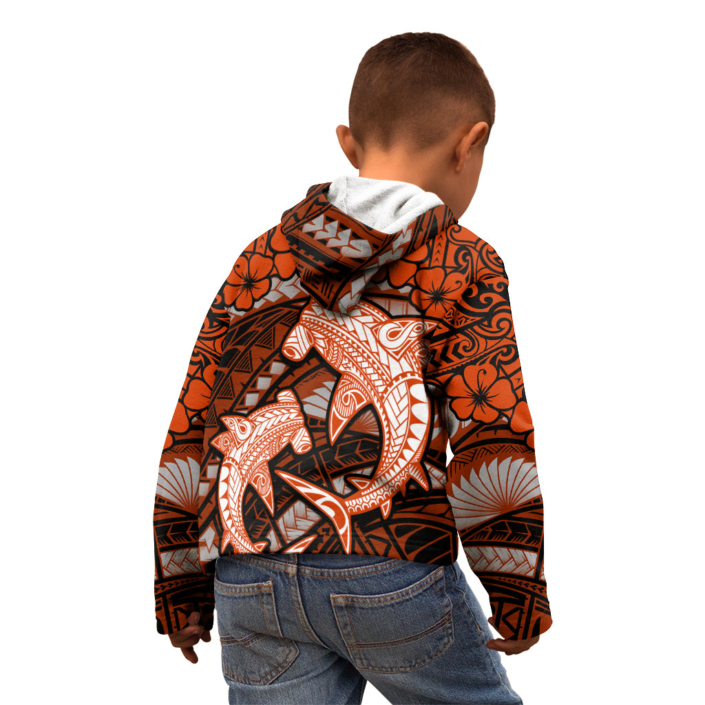 Polynesian Shark Valentine Day Kid Hoodie Hibiscus and Tribal Tattoo Orange Style LT03 - Polynesian Pride