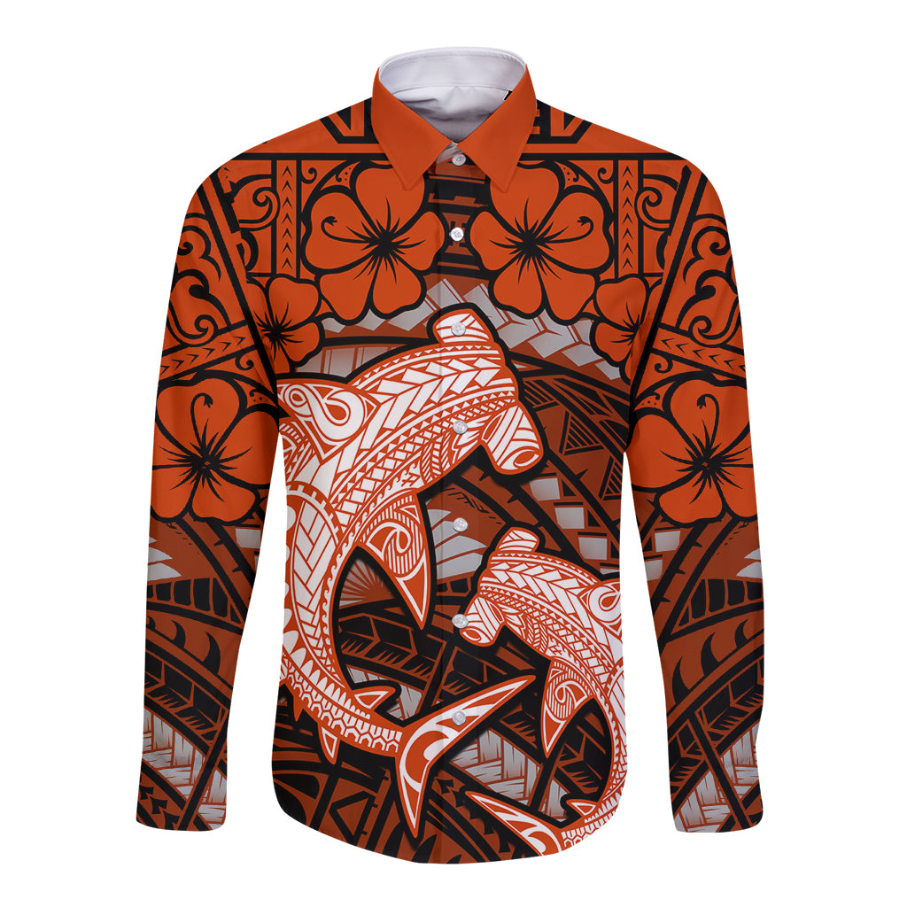 Polynesian Shark Valentine Day Long Sleeve Button Shirt Hibiscus and Tribal Tattoo Orange Style LT03 Unisex Orange - Polynesian Pride