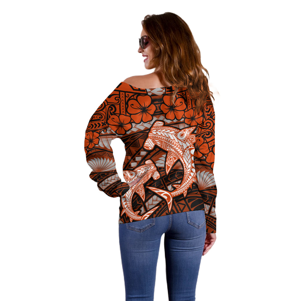 Polynesian Shark Valentine Day Off Shoulder Sweater Hibiscus and Tribal Tattoo Orange Style LT03 - Polynesian Pride