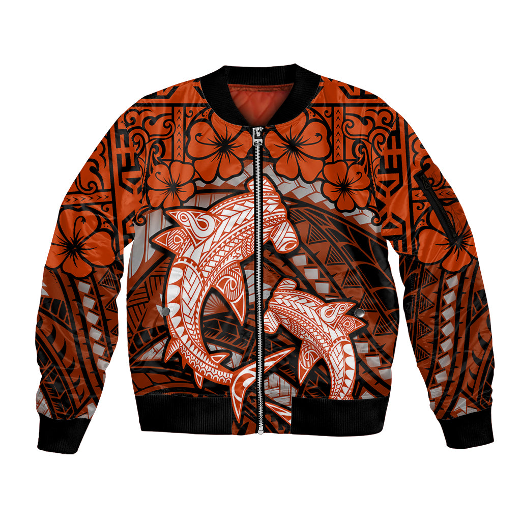 Polynesian Shark Valentine Day Sleeve Zip Bomber Jacket Hibiscus and Tribal Tattoo Orange Style LT03 Unisex Orange - Polynesian Pride