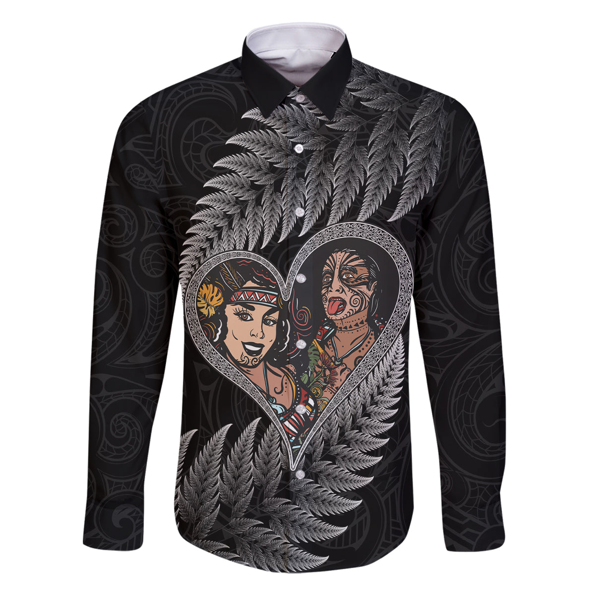 New Zealand Valentine Day Family Matching Long Sleeve Bodycon Dress and Hawaiian Shirt Aotearoa Warrior and Woman Love Heart Maori Pattern LT03 Dad's Shirt - Long Sleeve Black - Polynesian Pride