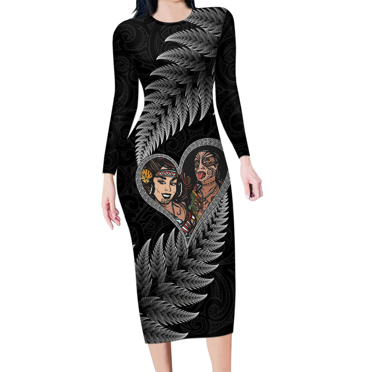 New Zealand Valentine Day Family Matching Long Sleeve Bodycon Dress and Hawaiian Shirt Aotearoa Warrior and Woman Love Heart Maori Pattern LT03 Mom's Dress Black - Polynesian Pride