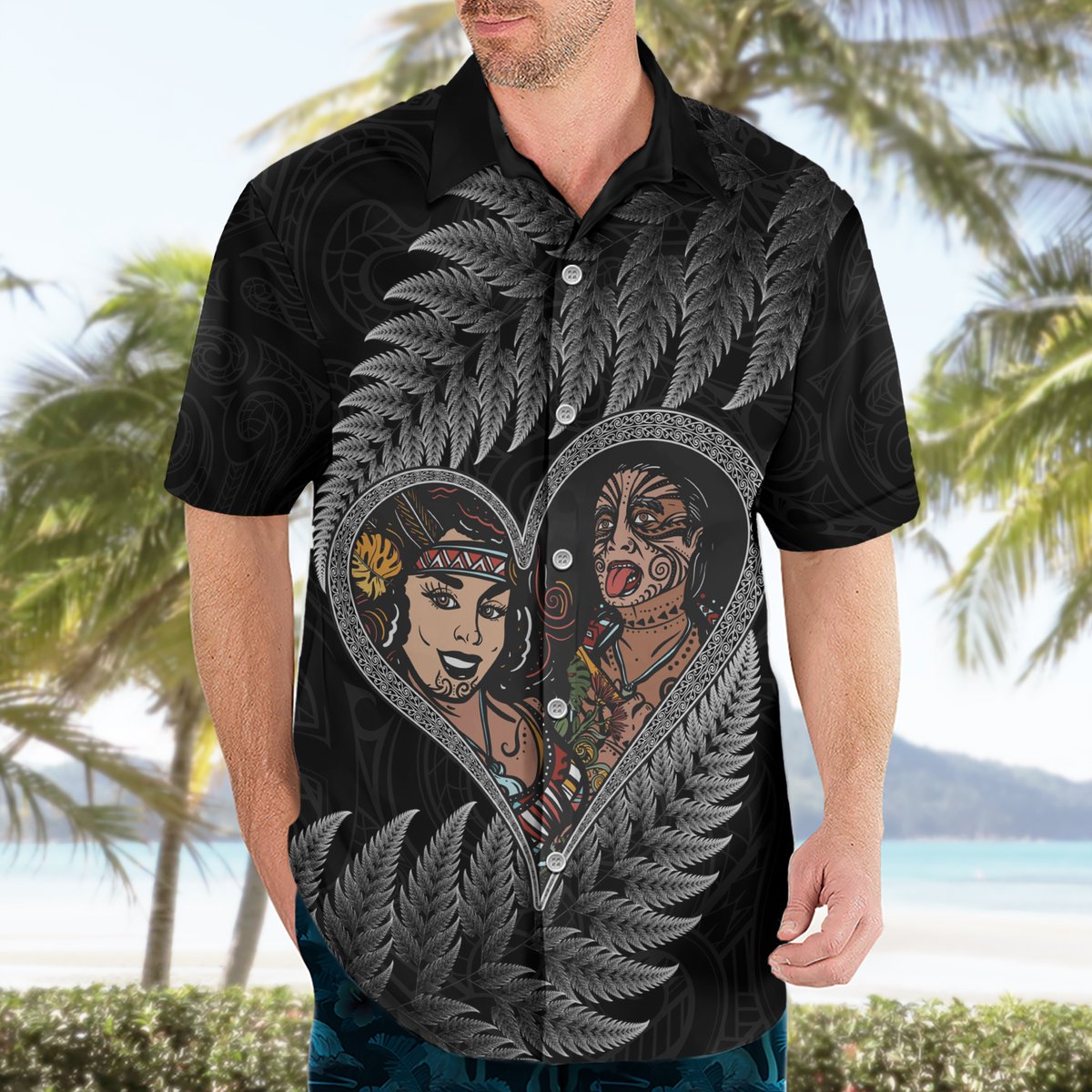 New Zealand Valentine Day Hawaiian Shirt Aotearoa Warrior and Woman Love Heart Maori Pattern LT03 - Polynesian Pride