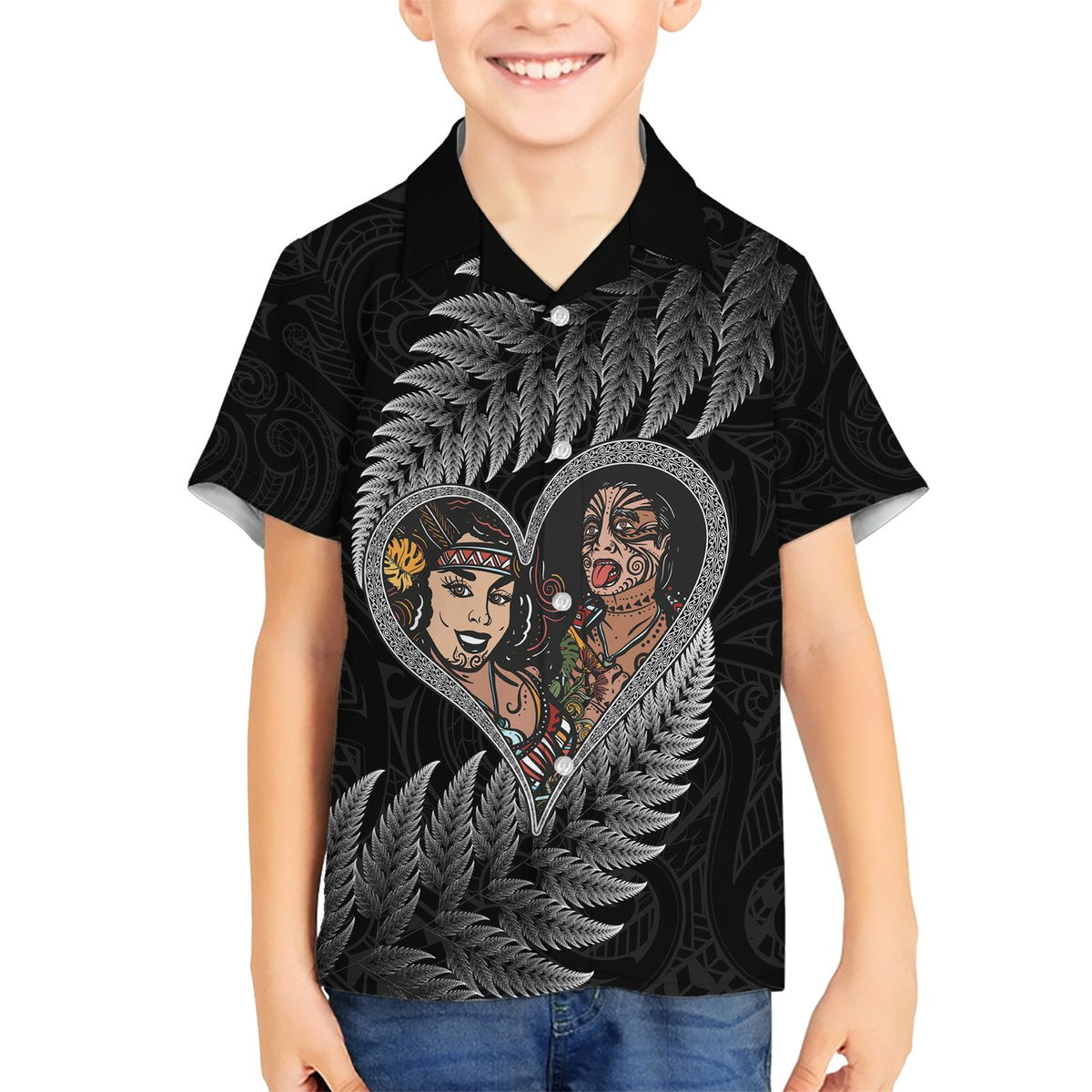 New Zealand Valentine Day Hawaiian Shirt Aotearoa Warrior and Woman Love Heart Maori Pattern LT03 - Polynesian Pride