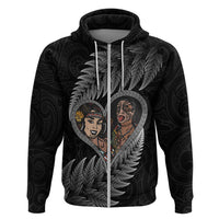 New Zealand Valentine Day Hoodie Aotearoa Warrior and Woman Love Heart Maori Pattern LT03 Zip Hoodie Black - Polynesian Pride