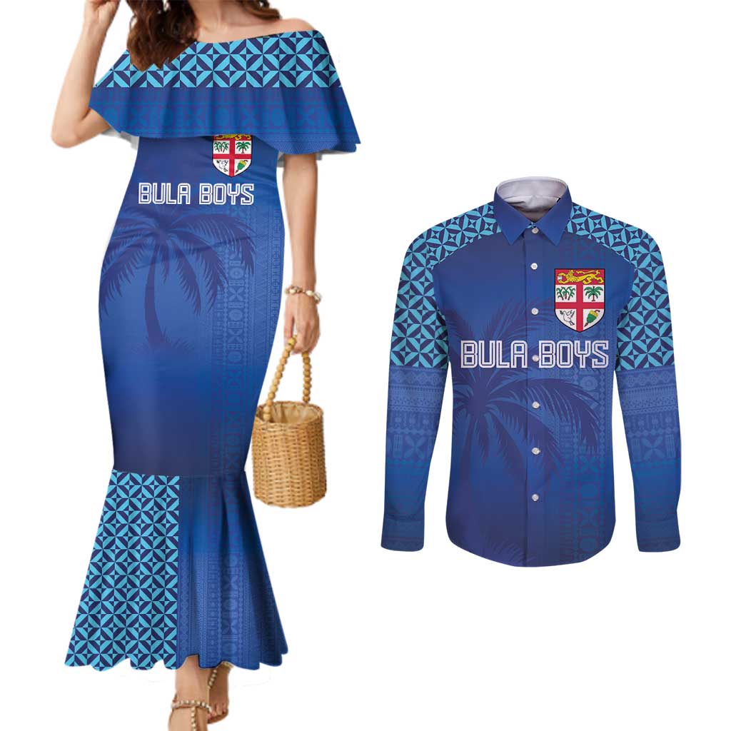 Custom Fiji Football-Towards World Cup 2026 Couples Matching Mermaid Dress and Long Sleeve Button Shirt