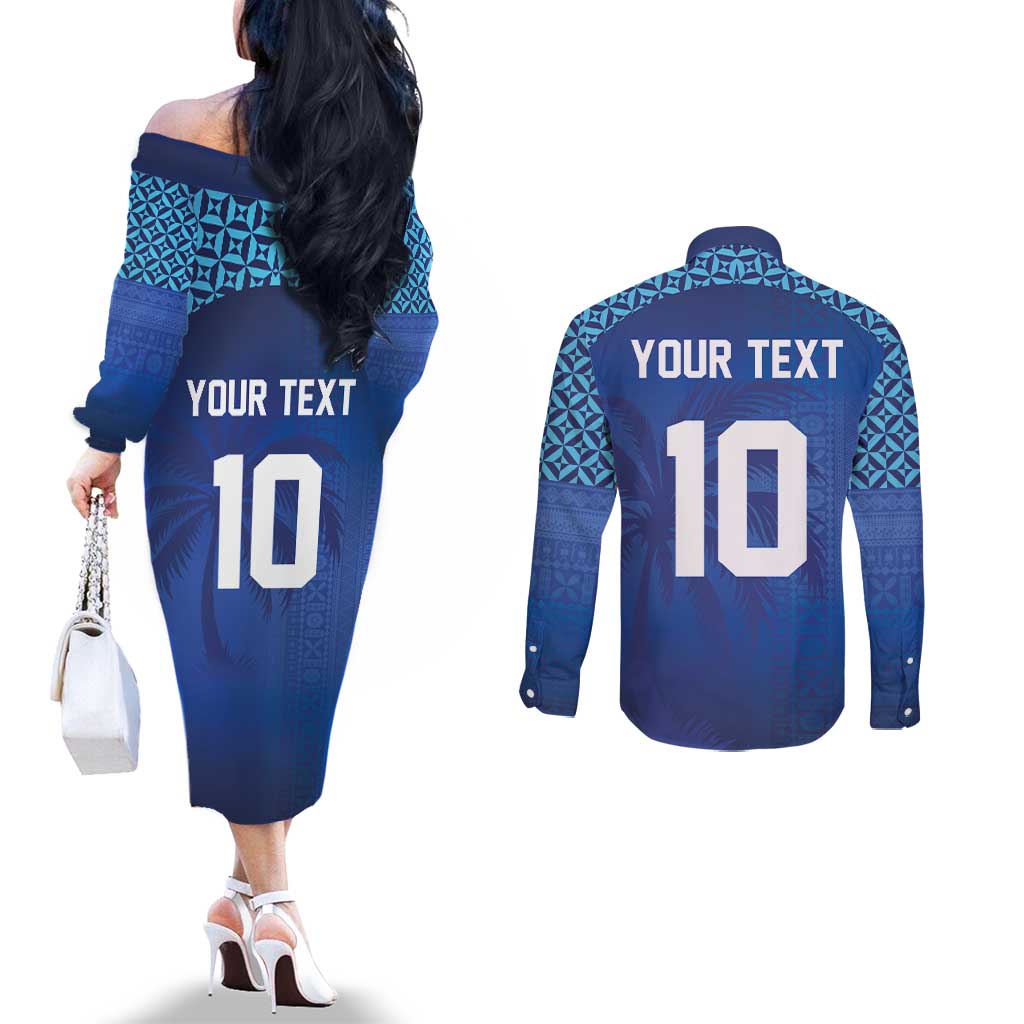 Custom Fiji Football-Towards World Cup 2026 Couples Matching Off The Shoulder Long Sleeve Dress and Long Sleeve Button Shirt