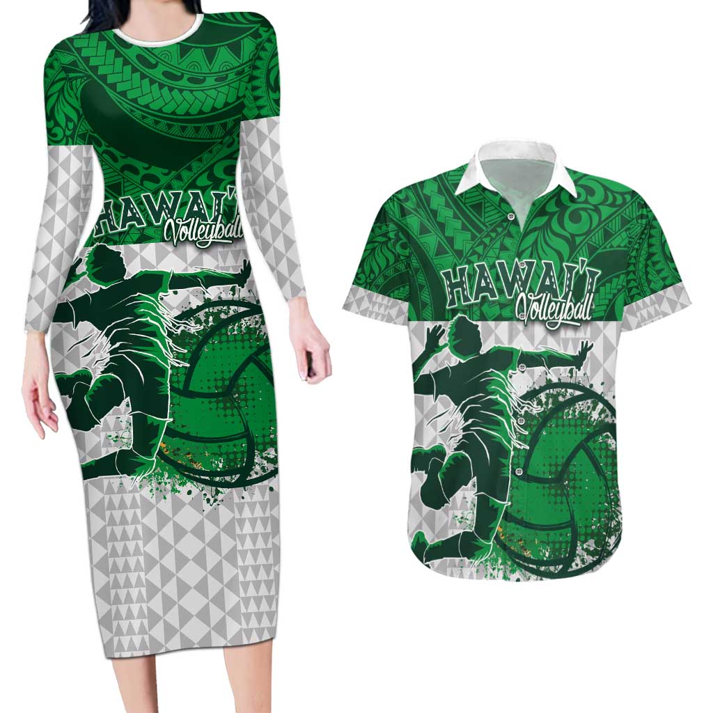 Custom Hawaii Volleyball-Kakau Motif Green Color Couples Matching Long Sleeve Bodycon Dress and Hawaiian Shirt