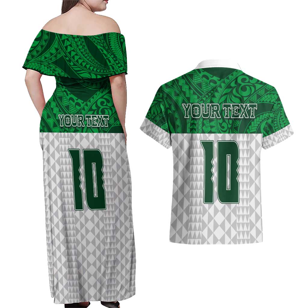 Custom Hawaii Volleyball-Kakau Motif Green Color Couples Matching Off Shoulder Maxi Dress and Hawaiian Shirt