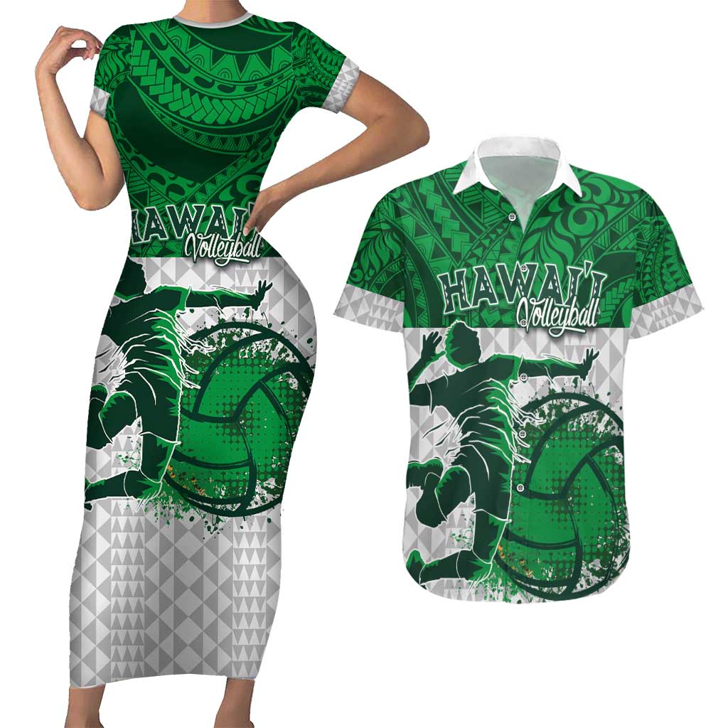 Custom Hawaii Volleyball-Kakau Motif Green Color Couples Matching Short Sleeve Bodycon Dress and Hawaiian Shirt