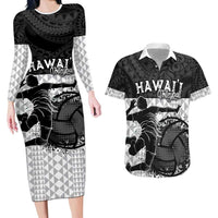 Custom Hawaii Volleyball-Kakau Motif Grayscale Color Couples Matching Long Sleeve Bodycon Dress and Hawaiian Shirt