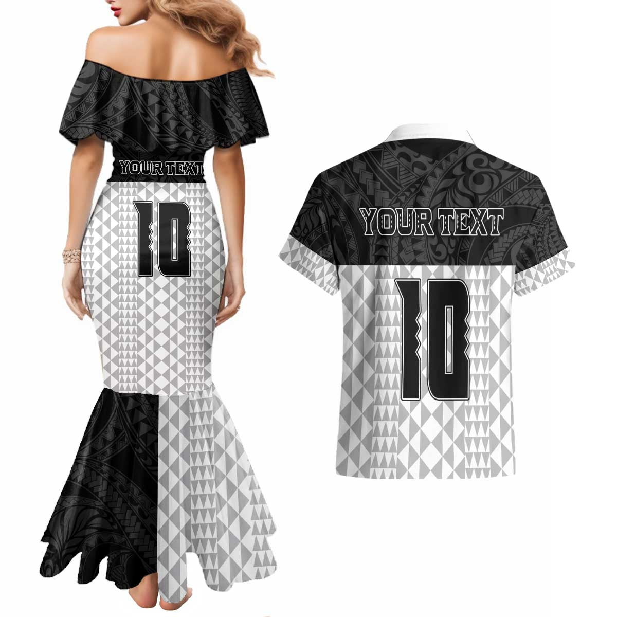 Custom Hawaii Volleyball-Kakau Motif Grayscale Color Couples Matching Mermaid Dress and Hawaiian Shirt