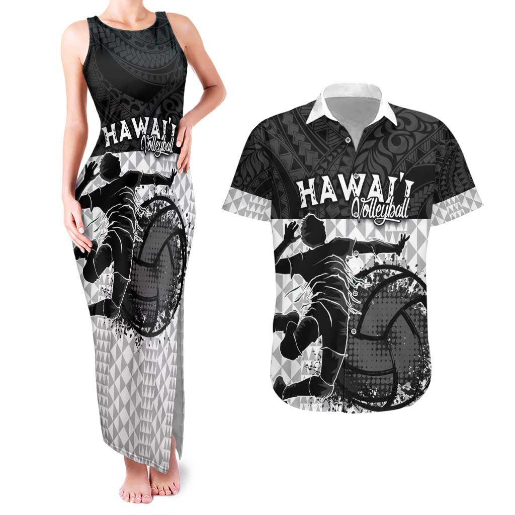 Custom Hawaii Volleyball-Kakau Motif Grayscale Color Couples Matching Tank Maxi Dress and Hawaiian Shirt