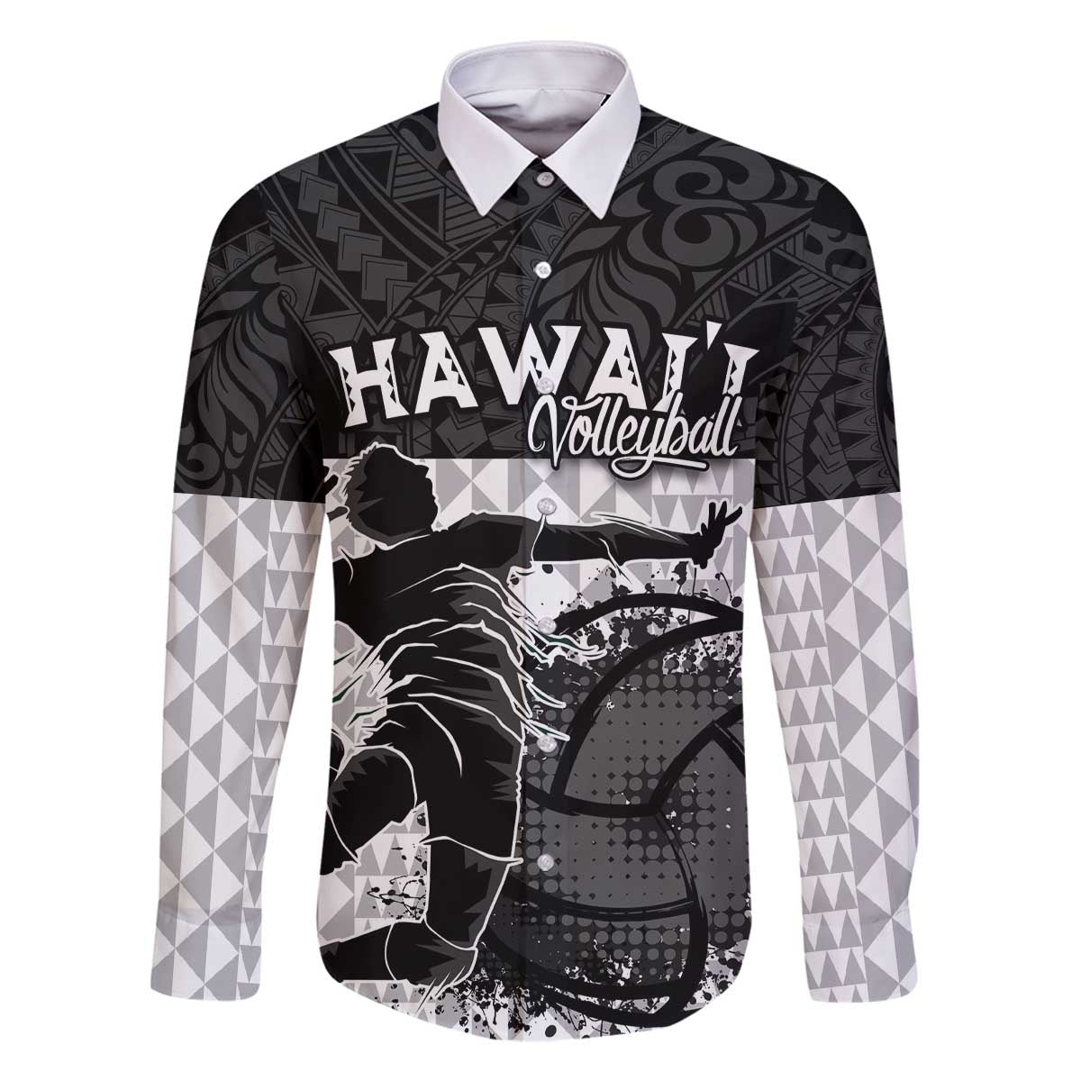 Custom Hawaii Volleyball-Kakau Motif Grayscale Color Family Matching Off The Shoulder Long Sleeve Dress and Hawaiian Shirt