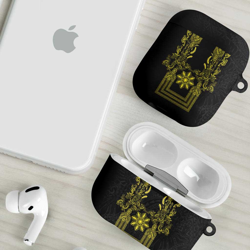Philippines Barong Style AirPods Case with Polynesian Art and Leaf Motif Black-Gold Color