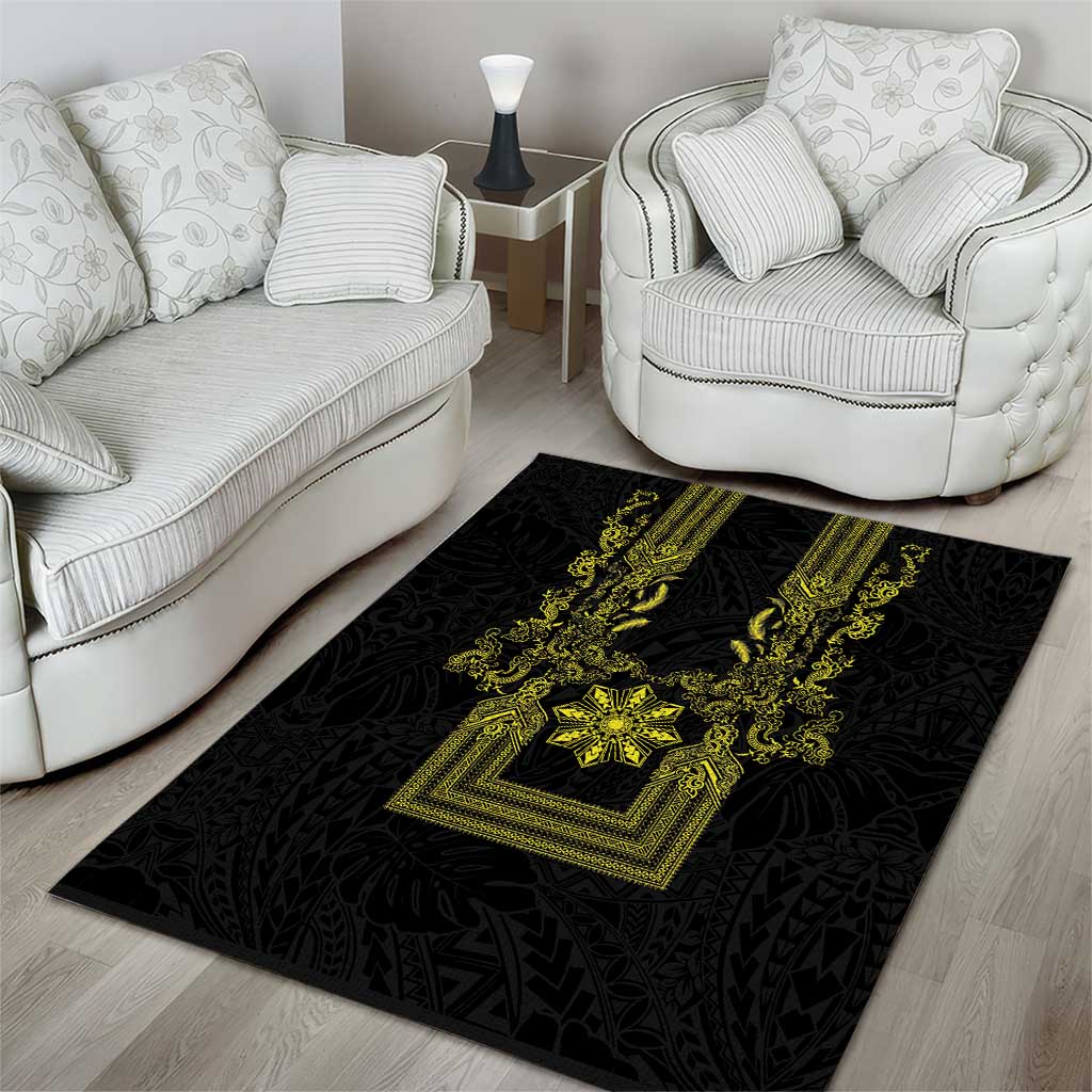 Philippines Barong Style Area Rug with Polynesian Art and Leaf Motif Black-Gold Color