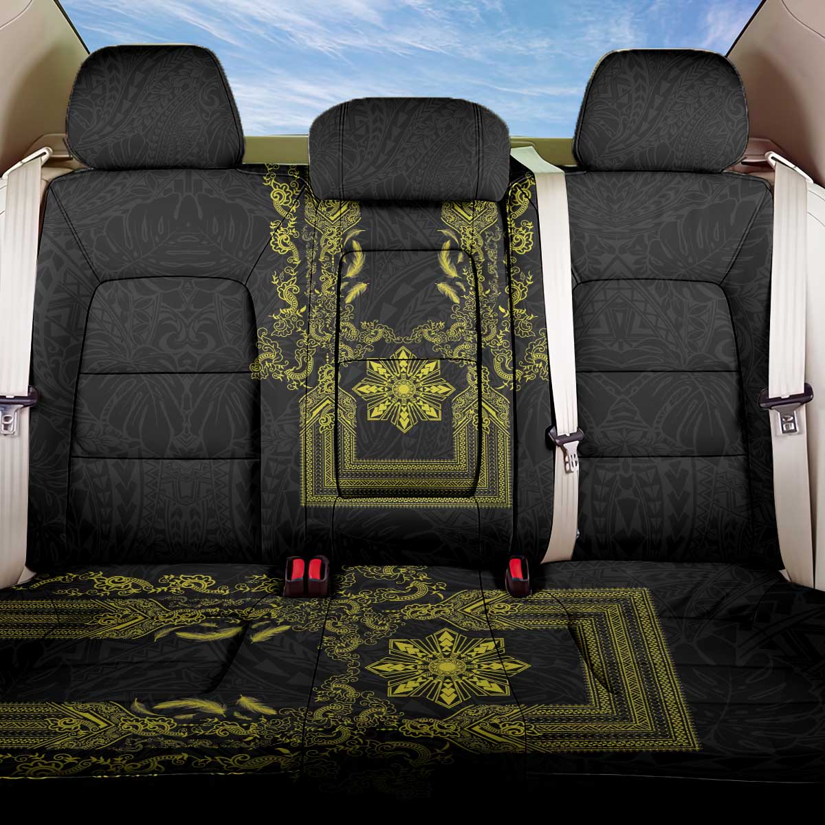 Philippines Barong Style Back Car Seat Cover with Polynesian Art and Leaf Motif Black-Gold Color LT03 One Size Black - Polynesian Pride
