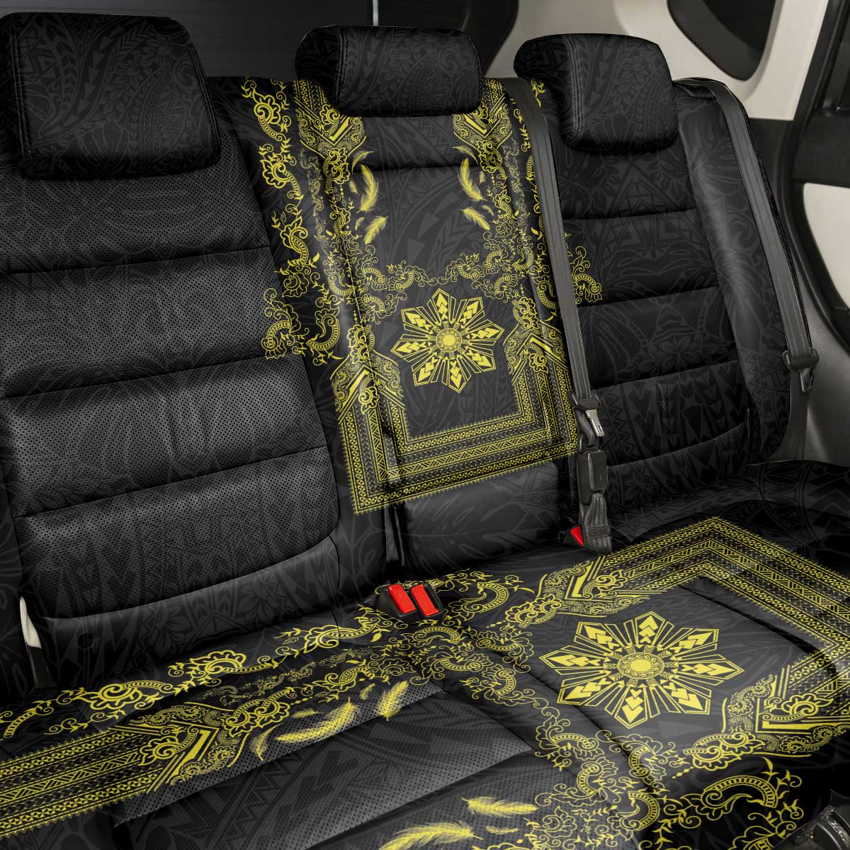 Philippines Barong Style Back Car Seat Cover with Polynesian Art and Leaf Motif Black-Gold Color LT03 - Polynesian Pride