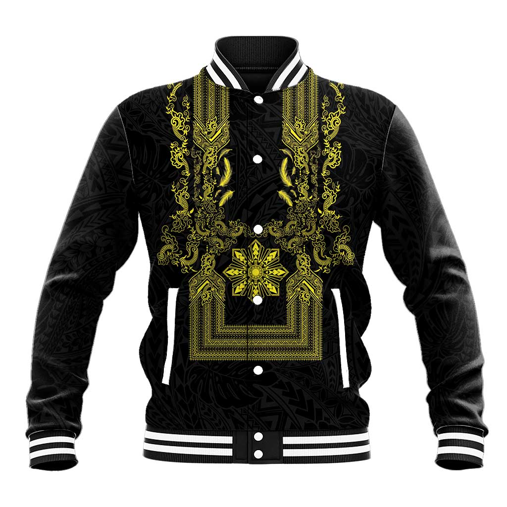 Philippines Barong Style Baseball Jacket with Polynesian Art and Leaf Motif Black-Gold Color LT03 Unisex Black - Polynesian Pride