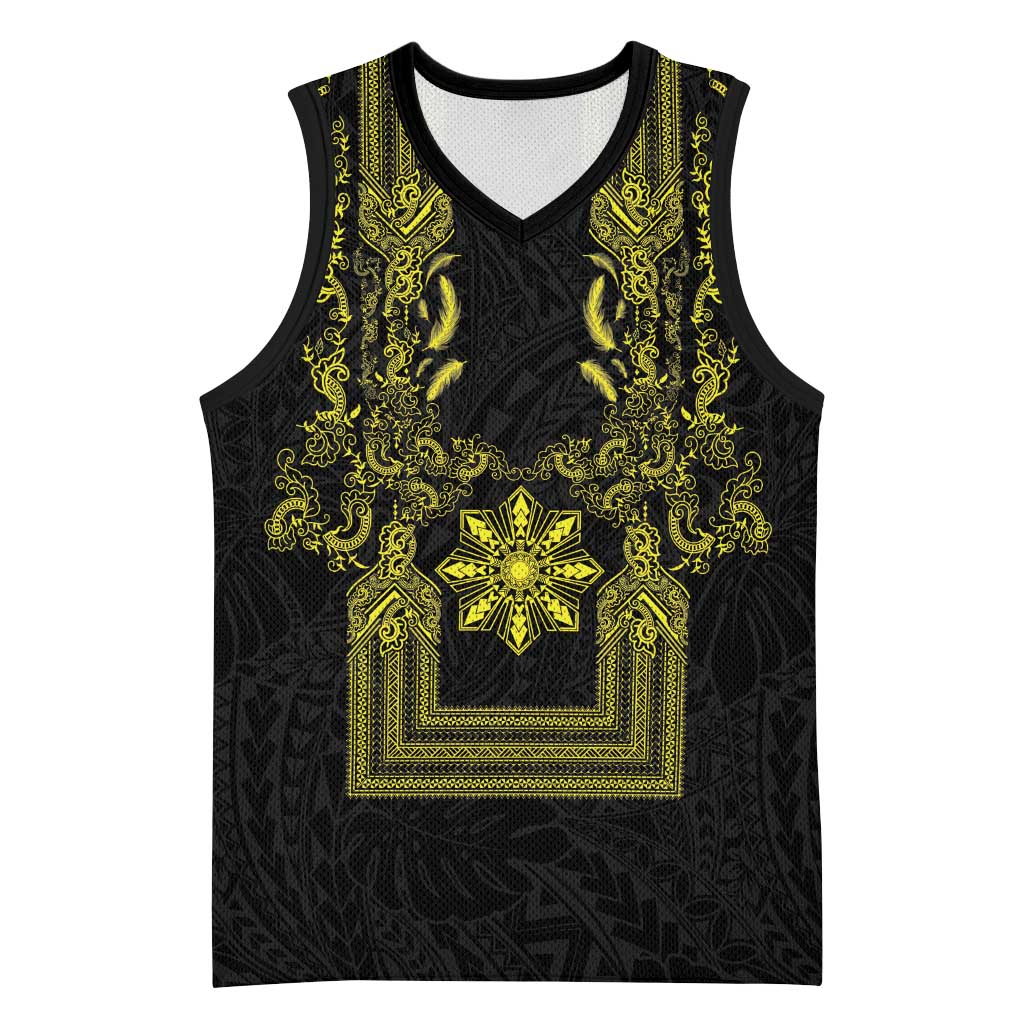 Philippines Barong Style Basketball Jersey with Polynesian Art and Leaf Motif Black-Gold Color LT03 Unisex Black - Polynesian Pride