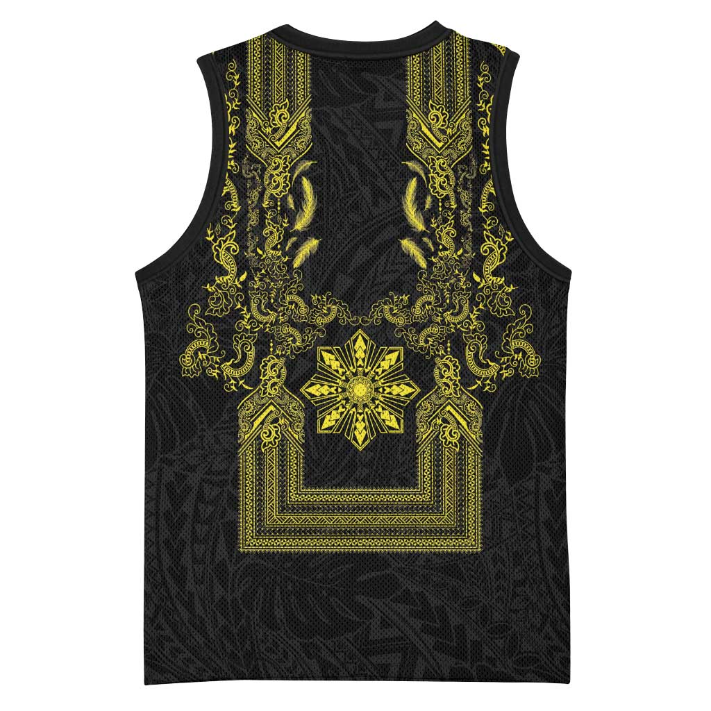 Philippines Barong Style Basketball Jersey with Polynesian Art and Leaf Motif Black-Gold Color LT03 - Polynesian Pride