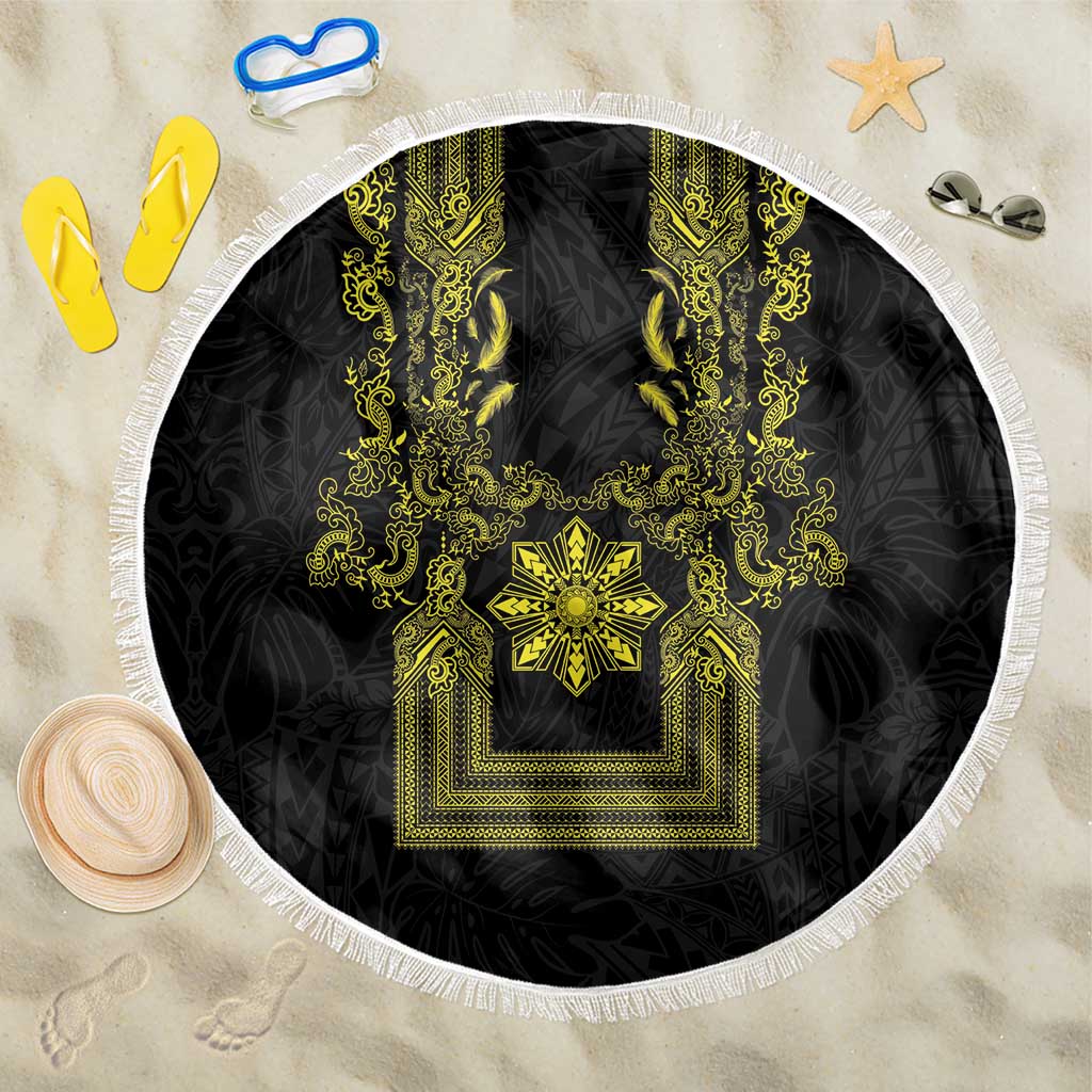 Philippines Barong Style Beach Blanket with Polynesian Art and Leaf Motif Black-Gold Color