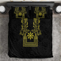 Philippines Barong Style Bedding Set with Polynesian Art and Leaf Motif Black-Gold Color