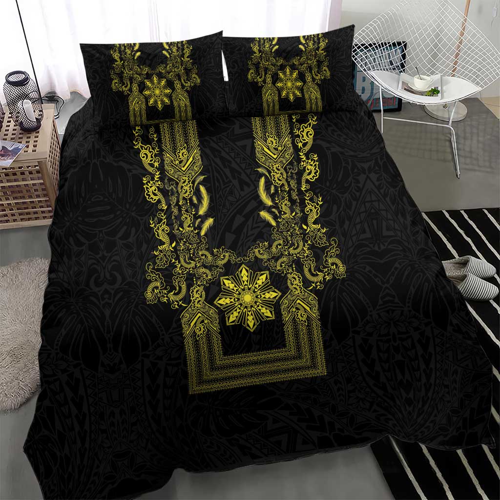 Philippines Barong Style Bedding Set with Polynesian Art and Leaf Motif Black-Gold Color
