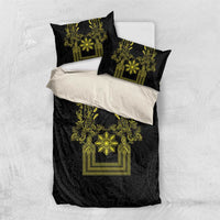 Philippines Barong Style Bedding Set with Polynesian Art and Leaf Motif Black-Gold Color