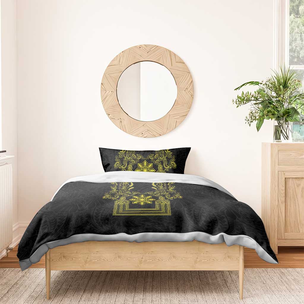 Philippines Barong Style Bedding Set with Polynesian Art and Leaf Motif Black-Gold Color