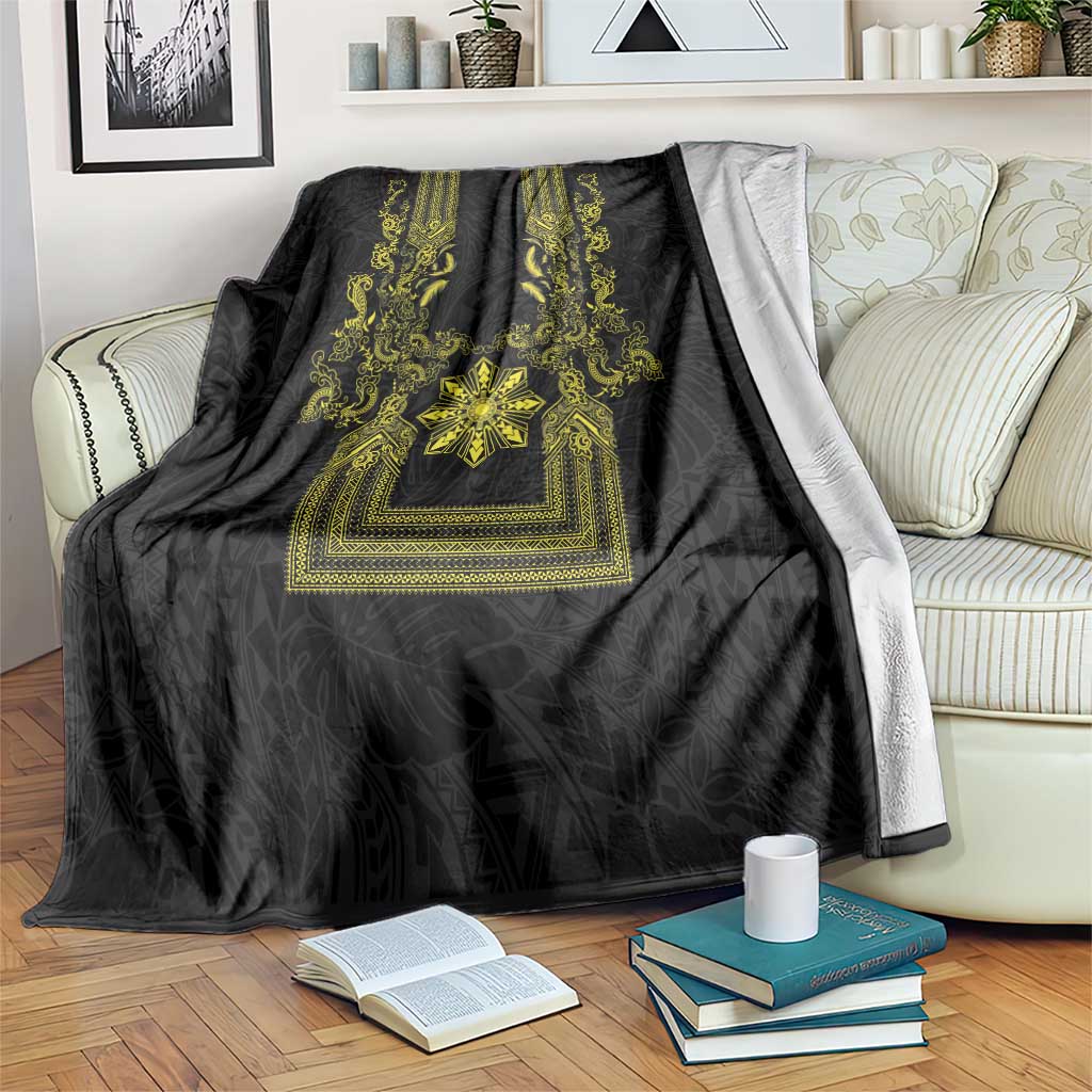Philippines Barong Style Blanket with Polynesian Art and Leaf Motif Black-Gold Color LT03 Black - Polynesian Pride