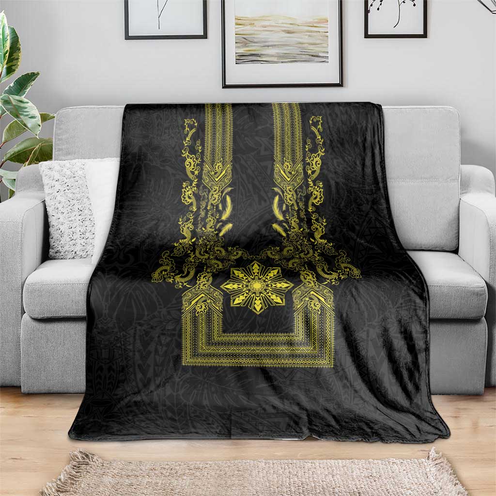 Philippines Barong Style Blanket with Polynesian Art and Leaf Motif Black-Gold Color LT03 - Polynesian Pride