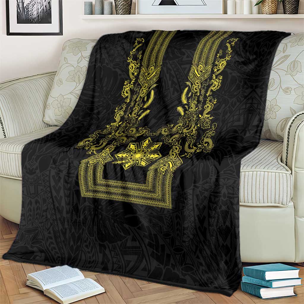 Philippines Barong Style Blanket with Polynesian Art and Leaf Motif Black-Gold Color LT03 - Polynesian Pride