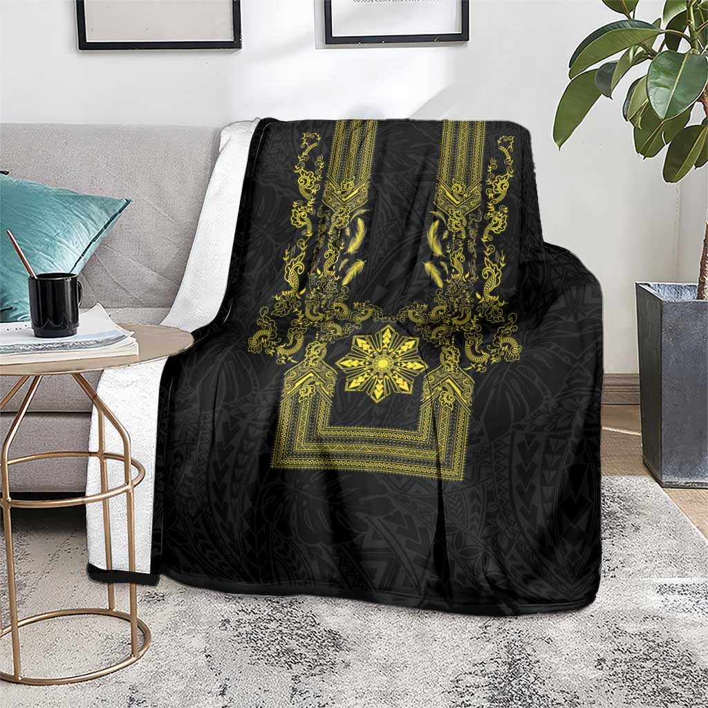Philippines Barong Style Blanket with Polynesian Art and Leaf Motif Black-Gold Color LT03 - Polynesian Pride