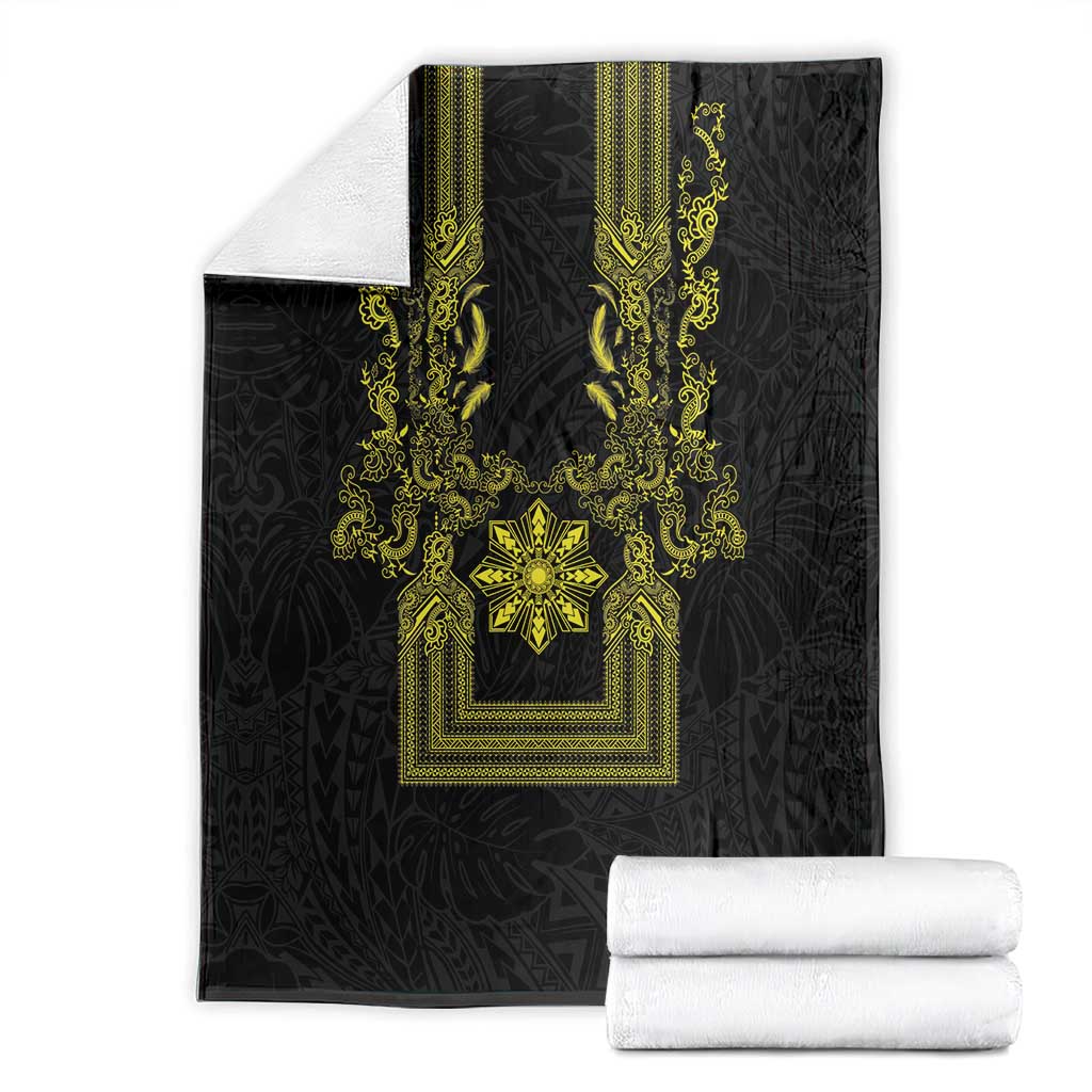Philippines Barong Style Blanket with Polynesian Art and Leaf Motif Black-Gold Color LT03 - Polynesian Pride