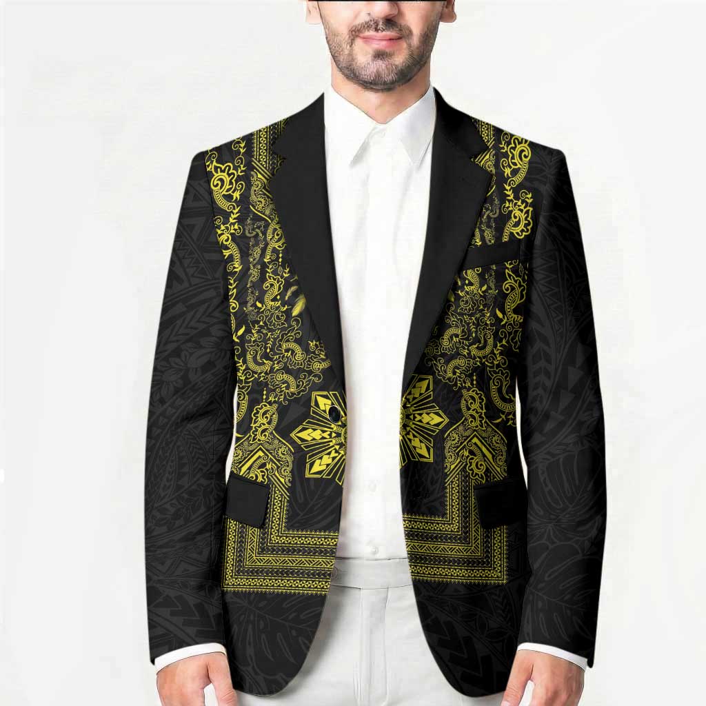Philippines Barong Style Blazer with Polynesian Art and Leaf Motif Black-Gold Color