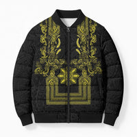 Philippines Barong Style Bomber Puffer Jacket with Polynesian Art and Leaf Motif Black-Gold Color
