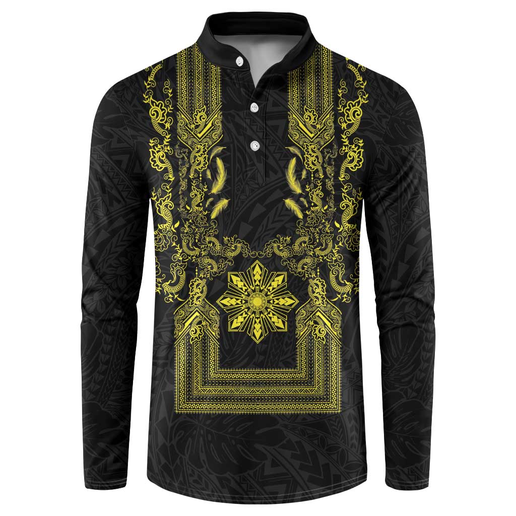 Philippines Barong Style Button Sweatshirt with Polynesian Art and Leaf Motif Black-Gold Color