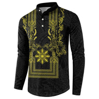 Philippines Barong Style Button Sweatshirt with Polynesian Art and Leaf Motif Black-Gold Color