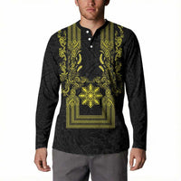 Philippines Barong Style Button Sweatshirt with Polynesian Art and Leaf Motif Black-Gold Color