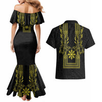 Philippines Barong Style Couples Matching Mermaid Dress and Hawaiian Shirt with Polynesian Art and Leaf Motif Black-Gold Color