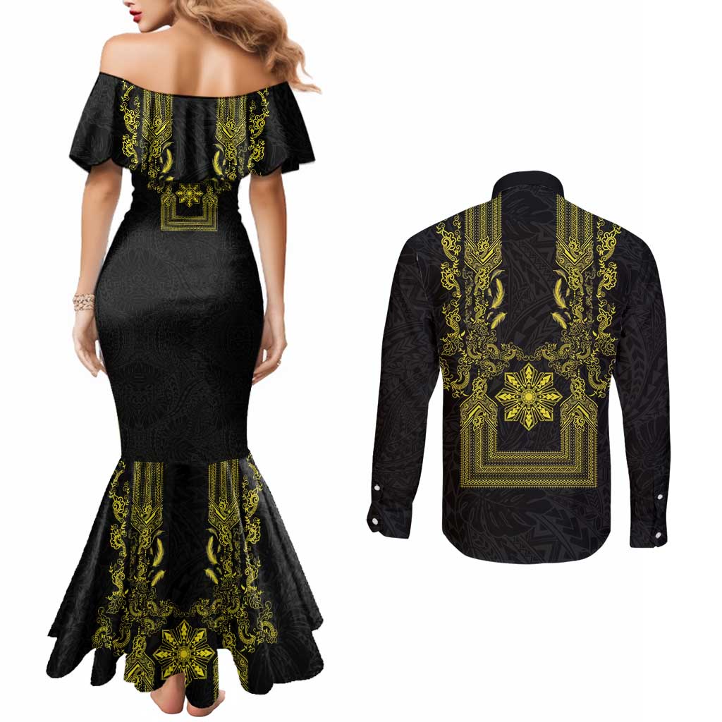 Philippines Barong Style Couples Matching Mermaid Dress and Long Sleeve Button Shirt with Polynesian Art and Leaf Motif Black-Gold Color
