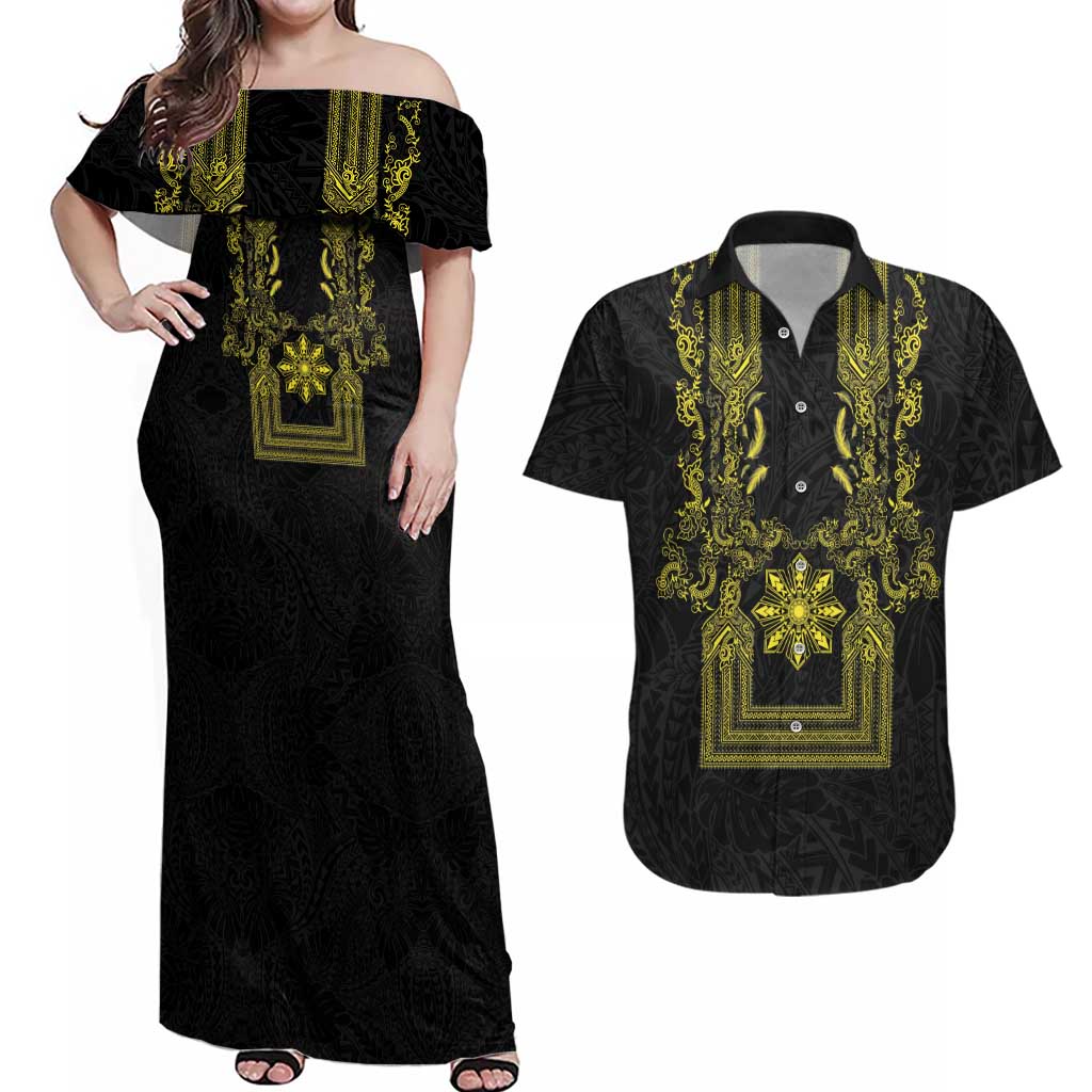 Philippines Barong Style Couples Matching Off Shoulder Maxi Dress and Hawaiian Shirt with Polynesian Art and Leaf Motif Black-Gold Color